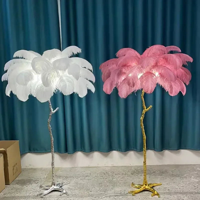 Luksusowa lampa stojąca piórkowa